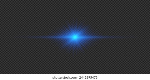 Efecto lumínico de los destellos de lente. Efecto Starburst de luz brillante horizontal azul con destellos sobre un fondo transparente gris. Ilustración de vector