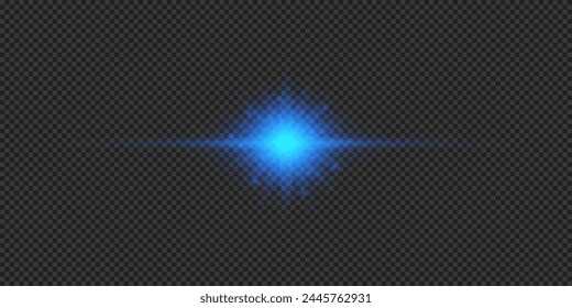 Light effect of lens flares. Blue horizontal glowing light starburst effect with sparkles on a grey transparent background. Vector illustration