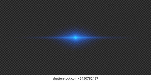 Light effect of lens flares. Blue horizontal glowing light starburst effect with sparkles on a grey transparent background. Vector illustration