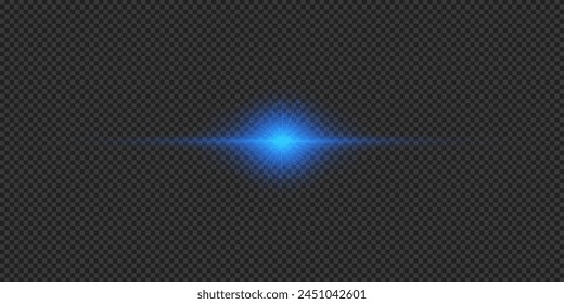 Light effect of lens flares. Blue horizontal glowing light starburst effect with sparkles on a grey transparent background. Vector illustration