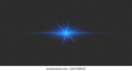 Light effect of lens flares. Blue horizontal glowing light starburst effect with sparkles on a grey transparent background. Vector illustration