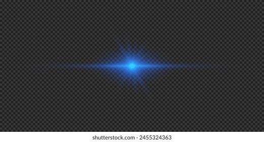 Light effect of lens flares. Blue horizontal glowing light starburst effect with sparkles on a grey transparent background. Vector illustration