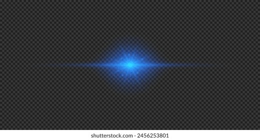 Light effect of lens flares. Blue horizontal glowing light starburst effect with sparkles on a grey transparent background. Vector illustration