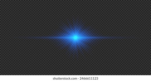 Efecto lumínico de los destellos de lente. Efecto Starburst de luz brillante Horizontal azul con destellos sobre un fondo transparente gris. Ilustración vectorial