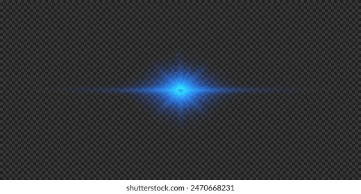 Light effect of lens flares. Blue horizontal glowing light starburst effect with sparkles on a grey transparent background. Vector illustration