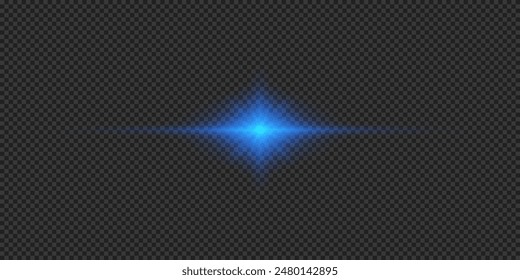 Lichteffekt von Linsenblendeffekten Blau Horizontal leuchtender Lichtstarburst-Effekt mit Funkeln auf grauem, durchsichtigem Hintergrund. Vektorillustration