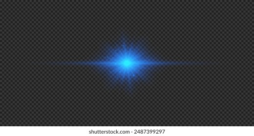 Light effect of lens flares. Blue horizontal glowing light starburst effect with sparkles on a grey transparent background. Vector illustration