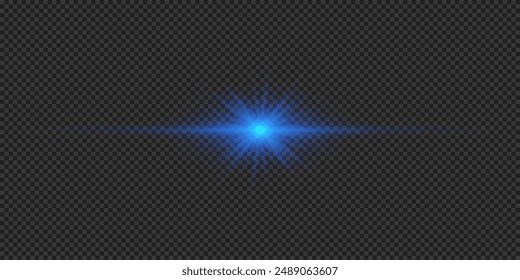 Light effect of lens flares. Blue horizontal glowing light starburst effect with sparkles on a grey transparent background. Vector illustration