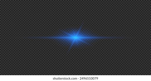 Light effect of lens flares. Blue horizontal glowing light starburst effect with sparkles on a grey transparent background. Vector illustration
