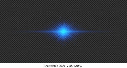 Light effect of lens flares. Blue horizontal glowing light starburst effect with sparkles on a grey transparent background. Vector illustration