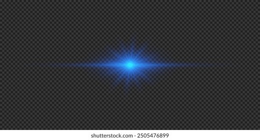 Lichteffekt von Linsenfackeln. Blauer, horizontaler glühender, heller Stern-Effekt mit funkelndem Licht auf grauem, transparentem Hintergrund. Vektorgrafik