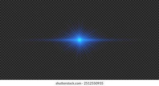 Efecto de luz de los destellos de la lente. Efecto de estallido de luz brillante azul Horizontal con destellos sobre un fondo transparente gris. Ilustración vectorial