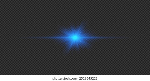 Light effect of lens flares. Blue horizontal glowing light starburst effect with sparkles on a grey transparent background. Vector illustration
