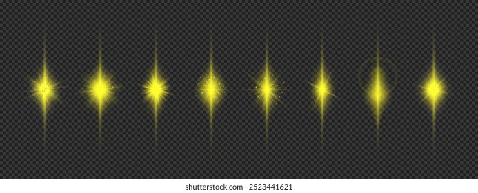 Light effect of lens flares. Eight yellow glowing light starburst effects with sparkles on a grey transparent background. Vector illustration