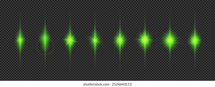 Light effect of lens flares. Eight green glowing light starburst effects with sparkles on a grey transparent background. Vector illustration