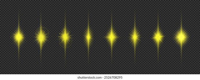 Light effect of lens flares. Eight yellow glowing light starburst effects with sparkles on a grey transparent background. Vector illustration