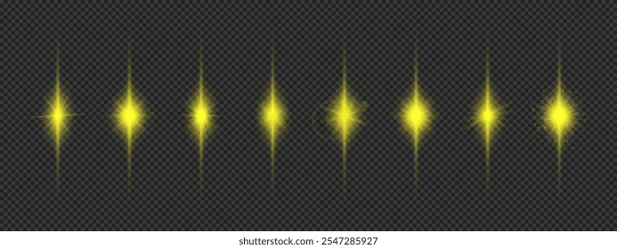 Light effect of lens flares. Eight yellow glowing light starburst effects with sparkles on a grey transparent background. Vector illustration