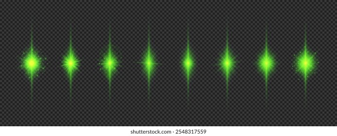 Light effect of lens flares. Eight green glowing light starburst effects with sparkles on a grey transparent background. Vector illustration
