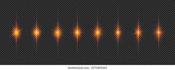 Light effect of lens flares. Eight orange glowing light starburst effects with sparkles on a grey transparent background. Vector illustration