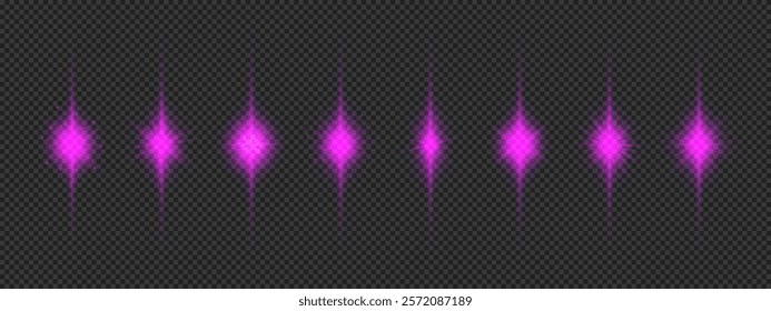 Light effect of lens flares. Eight purple glowing light starburst effects with sparkles on a grey transparent background. Vector illustration
