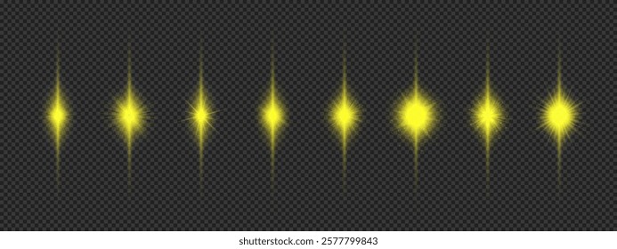 Light effect of lens flares. Eight yellow glowing light starburst effects with sparkles on a grey transparent background. Vector illustration