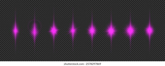 Light effect of lens flares. Eight purple glowing light starburst effects with sparkles on a grey transparent background. Vector illustration