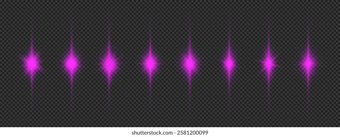 Light effect of lens flares. Eight purple glowing light starburst effects with sparkles on a grey transparent background. Vector illustration