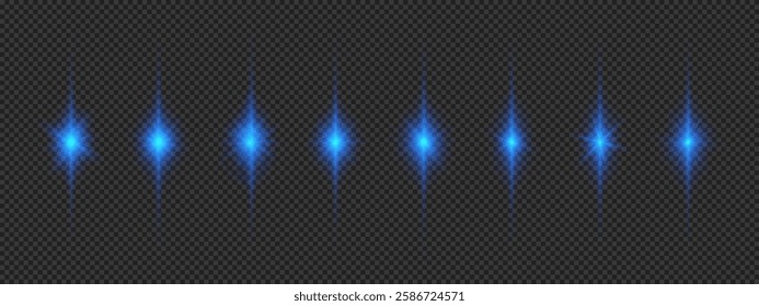 Light effect of lens flares. Eight blue glowing light starburst effects with sparkles on a grey transparent background. Vector illustration