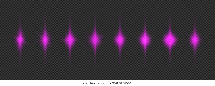 Light effect of lens flares. Eight purple glowing light starburst effects with sparkles on a grey transparent background. Vector illustration
