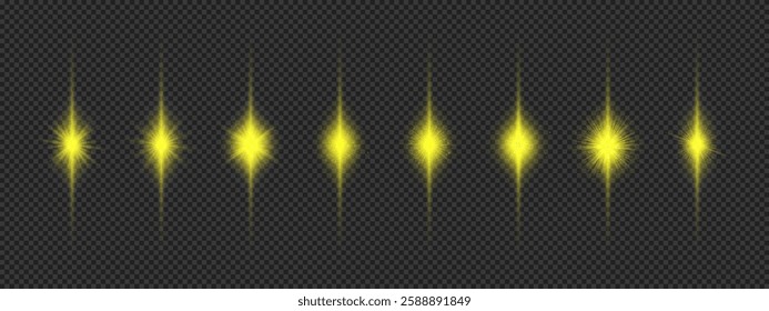 Light effect of lens flares. Eight yellow glowing light starburst effects with sparkles on a grey transparent background. Vector illustration