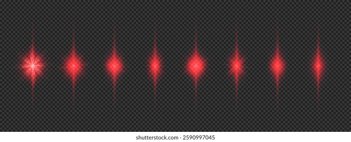 Light effect of lens flares. Eight red glowing light starburst effects with sparkles on a grey transparent background. Vector illustration