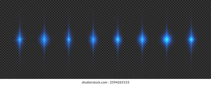 Light effect of lens flares. Eight blue glowing light starburst effects with sparkles on a grey transparent background. Vector illustration