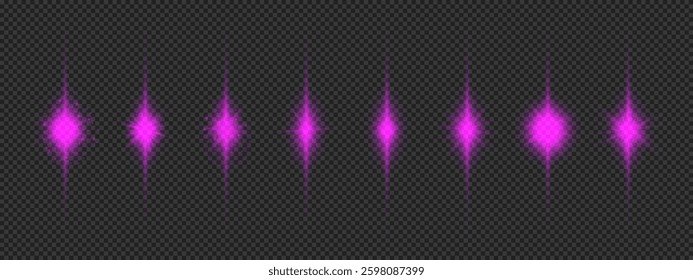 Light effect of lens flares. Eight purple glowing light starburst effects with sparkles on a grey transparent background. Vector illustration