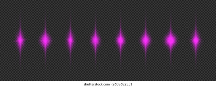 Light effect of lens flares. Eight purple glowing light starburst effects with sparkles on a grey transparent background. Vector illustration