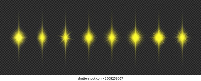 Light effect of lens flares. Eight yellow glowing light starburst effects with sparkles on a grey transparent background. Vector illustration