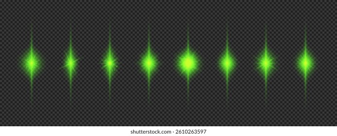 Light effect of lens flares. Eight green glowing light starburst effects with sparkles on a grey transparent background. Vector illustration