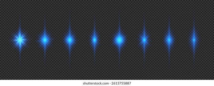 Light effect of lens flares. Eight blue glowing light starburst effects with sparkles on a grey transparent background. Vector illustration