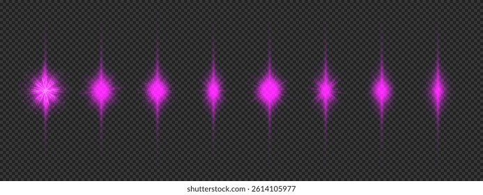 Light effect of lens flares. Eight purple glowing light starburst effects with sparkles on a grey transparent background. Vector illustration