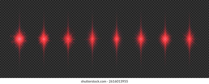 Light effect of lens flares. Eight red glowing light starburst effects with sparkles on a grey transparent background. Vector illustration