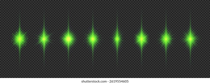 Light effect of lens flares. Eight green glowing light starburst effects with sparkles on a grey transparent background. Vector illustration