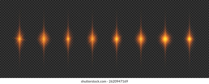 Lichteffekt von Linsenfackeln. Acht orange leuchtende Stern-Effekte mit funkelndem Licht auf grauem, transparentem Hintergrund. Vektorgrafik