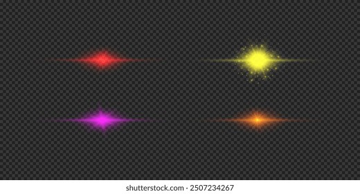 Light effect of lens flares. Four multicolor horizontal glowing light starburst effects with sparkles on a grey transparent background. Vector illustration