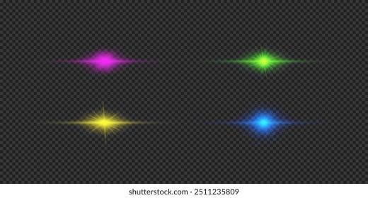 Light effect of lens flares. Four multicolor horizontal glowing light starburst effects with sparkles on a grey transparent background. Vector illustration