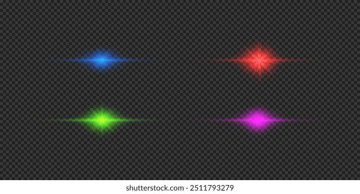 Efeito de luz de clarões de lente. Quatro efeitos multicoloridos horizontais brilhantes de luz starburst com brilhos em um fundo cinza transparente. Ilustração vetorial