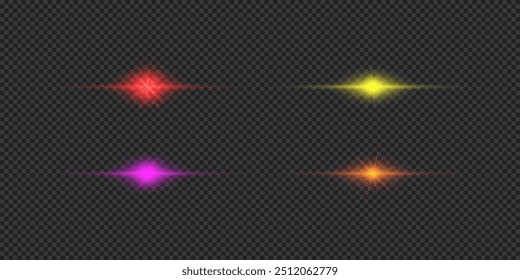 Efeito de luz de clarões de lente. Quatro efeitos multicoloridos horizontais brilhantes de luz starburst com brilhos em um fundo cinza transparente. Ilustração vetorial