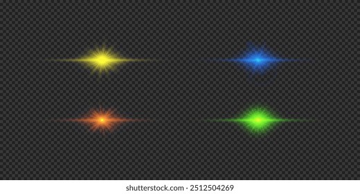 Light effect of lens flares. Four multicolor horizontal glowing light starburst effects with sparkles on a grey transparent background. Vector illustration