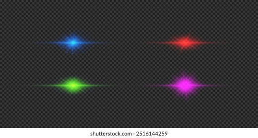 Light effect of lens flares. Four multicolor horizontal glowing light starburst effects with sparkles on a grey transparent background. Vector illustration
