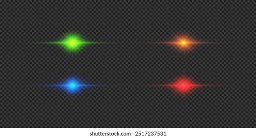 Efecto de luz de los destellos de la lente. Cuatro efectos de estallido de luz brillante Horizontal multicolor con destellos sobre un fondo transparente gris. Ilustración vectorial