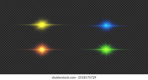 Light effect of lens flares. Four multicolor horizontal glowing light starburst effects with sparkles on a grey transparent background. Vector illustration