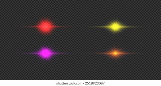 Light effect of lens flares. Four multicolor horizontal glowing light starburst effects with sparkles on a grey transparent background. Vector illustration